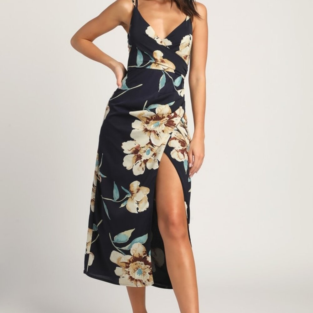 Draw You Close Navy Blue Floral Sleeveless Surplice Midi Dress